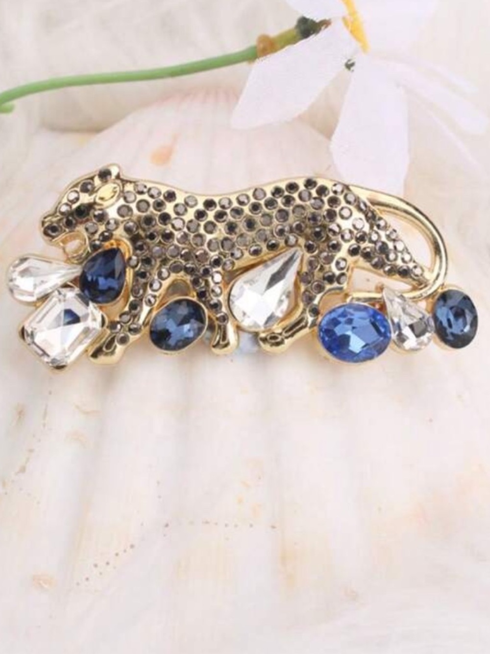 Gold Leopard Brooch with Blue and Clear Crystals - Picture 5 of 7